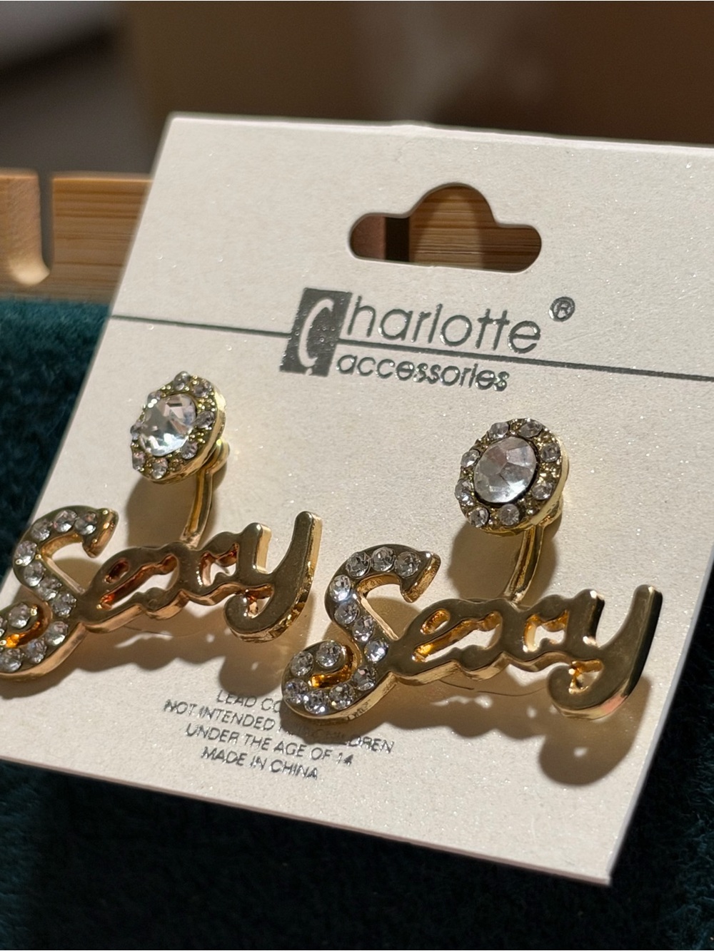 Gold 'Sexy' Script Crystal Drop Earrings